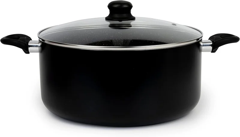 ويلسون قدر طهي بغطاء زجاجي - طلاء رخامي مانع للالتصاق، ألومنيوم - متوافق مع مواقد الغاز، الحث والسيراميك - قاعدة حث - 32 × 14 سم